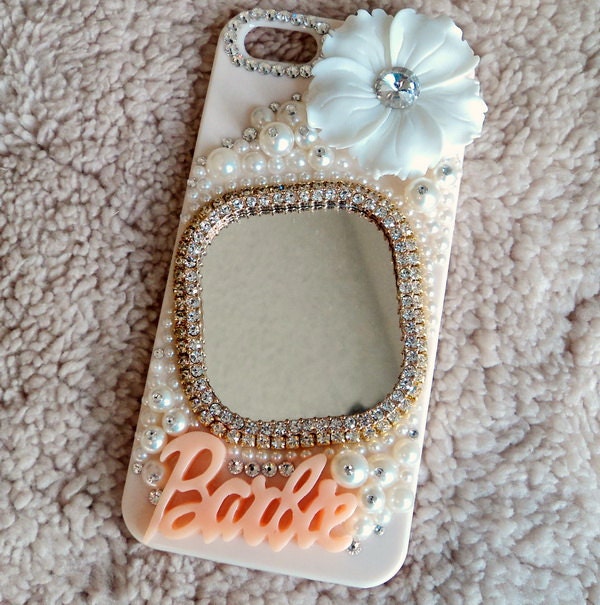 Apple iphone 5 or 4s case, ivory flower, rhinestone mirror with swarovski crystal rand pearl