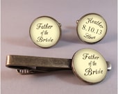 Antique Bronze Wedding, Father of the Bride Cufflinks and Tie Clip - Save the Date Bride and Groom Names