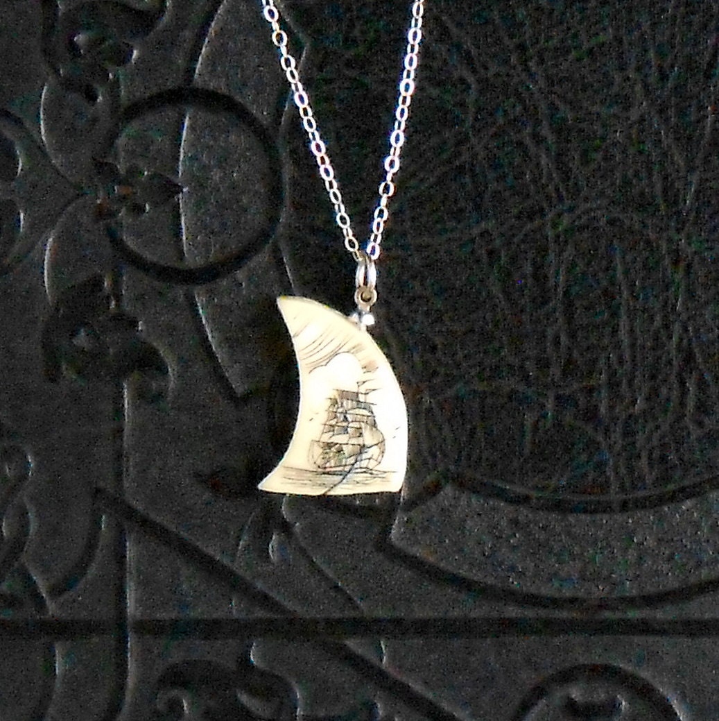 Sailing Ship Necklace. Scrimshaw Walrus Ivory. Tooth. Tusk. Alaskan.