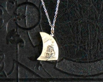 Sailing Ship Necklace. Scrimshaw Walrus Ivory. Tooth. Tusk. Alaskan.