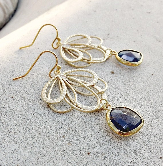 Gold Fan Chandelier Earrings - Purple, Jewel,  Bohemian, Dangle