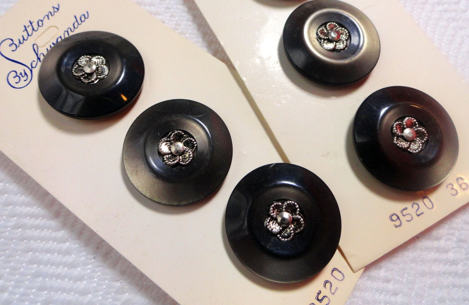 Flower Vintage Buttons - 6 Steel Gray with Silver Floral Centers