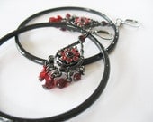 BIG Glass Hoop Earrings Black Ruby & Gun Metal Dangle Hand Painted