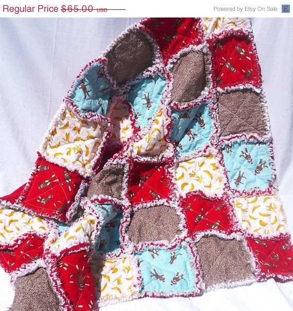 SALE Sock Monkey Baby Rag Quilt - Blue, Red, Brown and Yellow