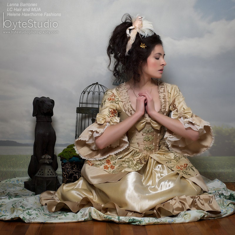 Silk and satin golden tan Marie Antoinette Victorian inspired costume dress