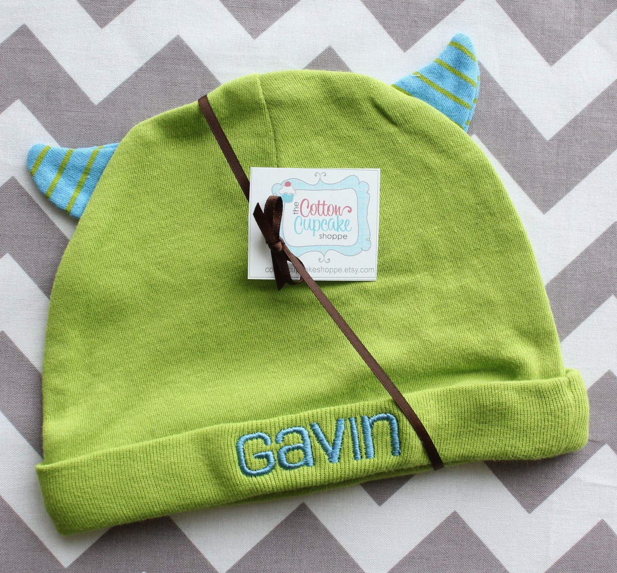 Personalized Monster Hat - Lime Green with Blue Horns