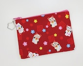 Maneki-neko Zipper Pouch/ Coin Purse - Red
