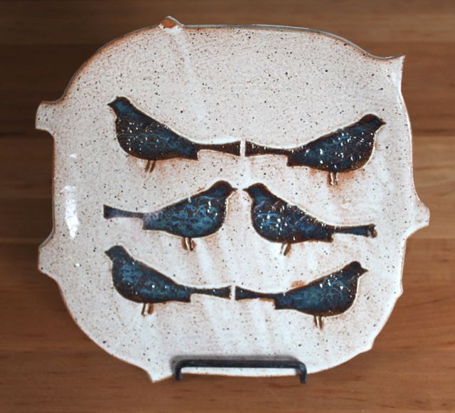 Bridges Pottery Decorative Bird Cheese Plate Specialty Plate Serving Plate-Creme and Midnight Blue IN STOCK