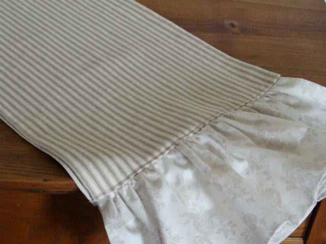 Farmhouse Ticking and Floral Cotton Ruffled Table Runner - 12" x 48" - Table Linens