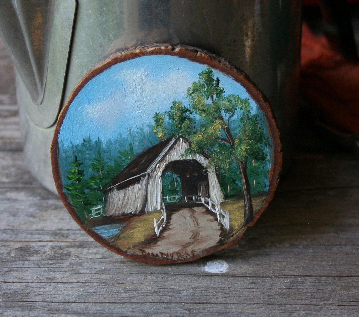 Antique Miniature Oil Painting on Wood Slice Dated 1918 Covered Bridge From Nowvintage On Etsy