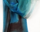 Hand painted silk scarf. Teal silk scarf in abstract composition.Modern scarf in teal, aqua and black.Painting on silk by Dimo