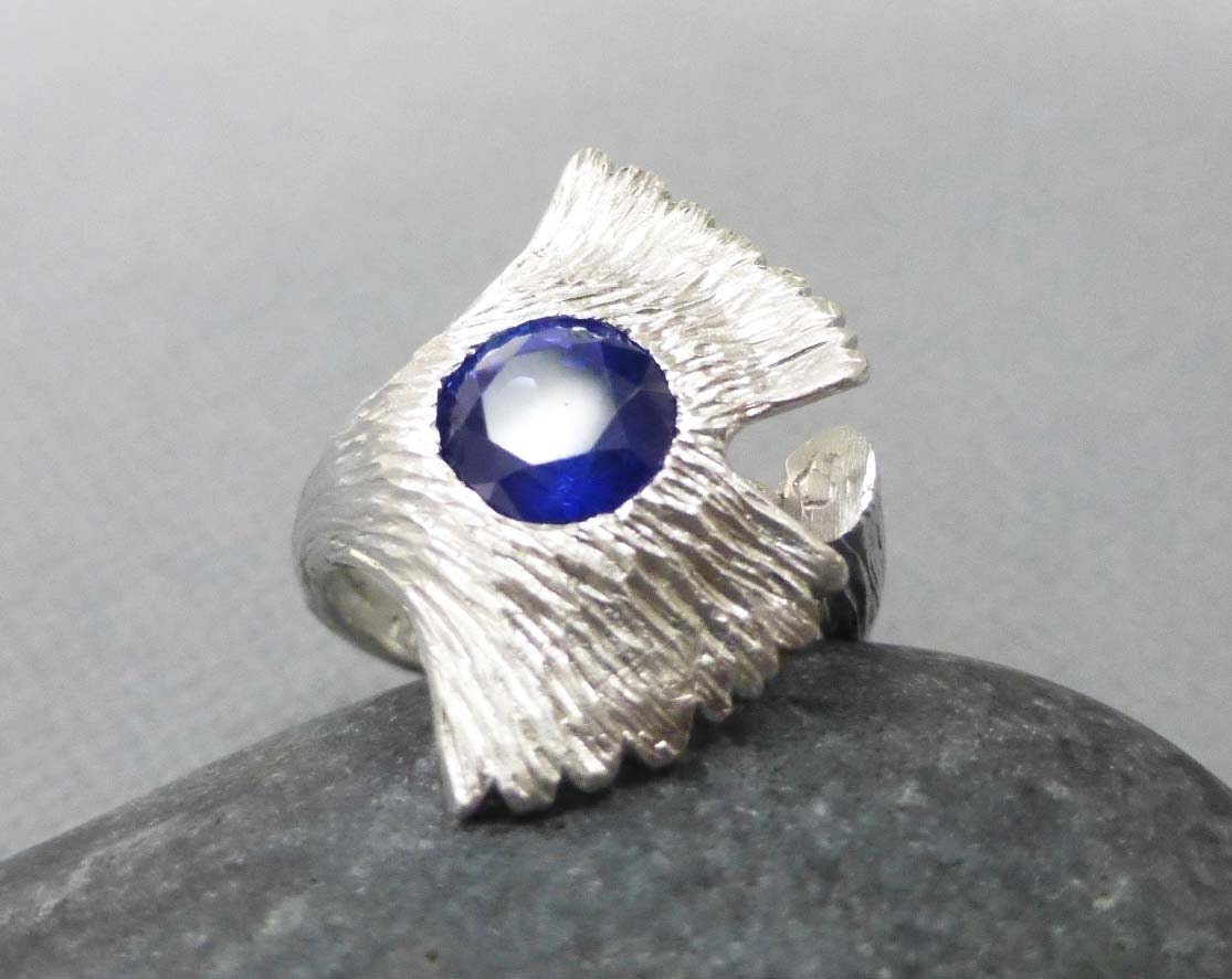 Engagement ring, anniversary ring, Gingko leaf ring.  Blue sapphire, 14k white gold.