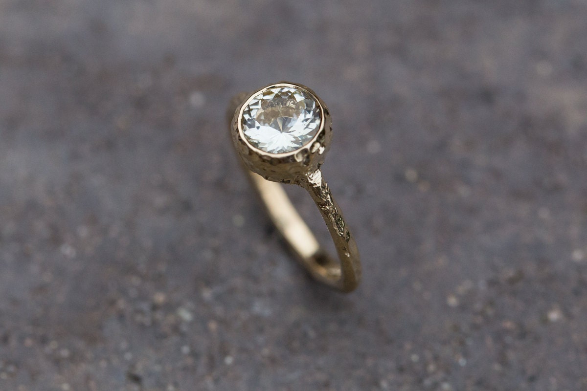 Engagement ring. White sapphire engagement ring.  White sapphire stacking ring. 14k yellow gold.  Ready to ship.