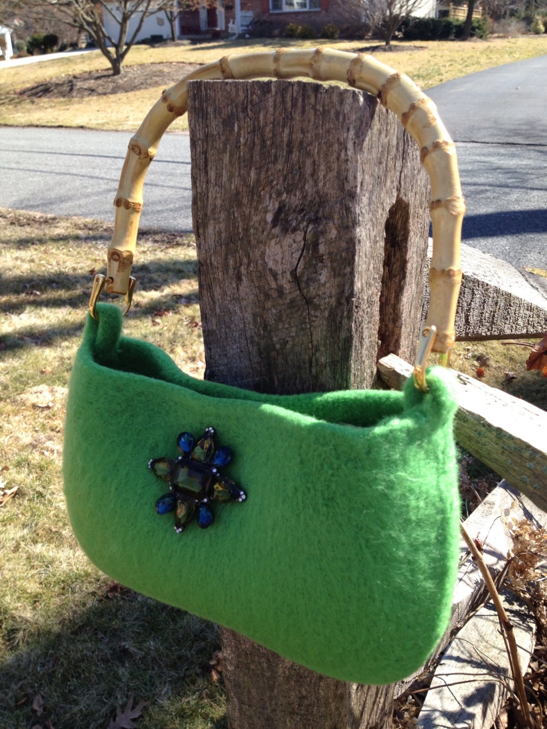 Spring Bright green handbag purse hand knit wet felt with bamboo handles