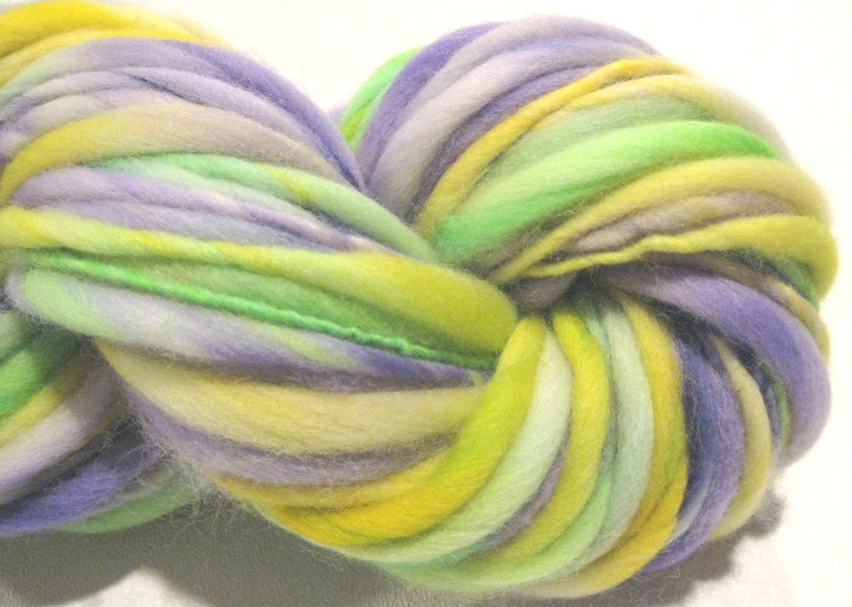 Thick N Thin Handspun Yarn Pansies 80 yds yellow purple green hand dyed merino wool waldorf doll hair knitting supplies