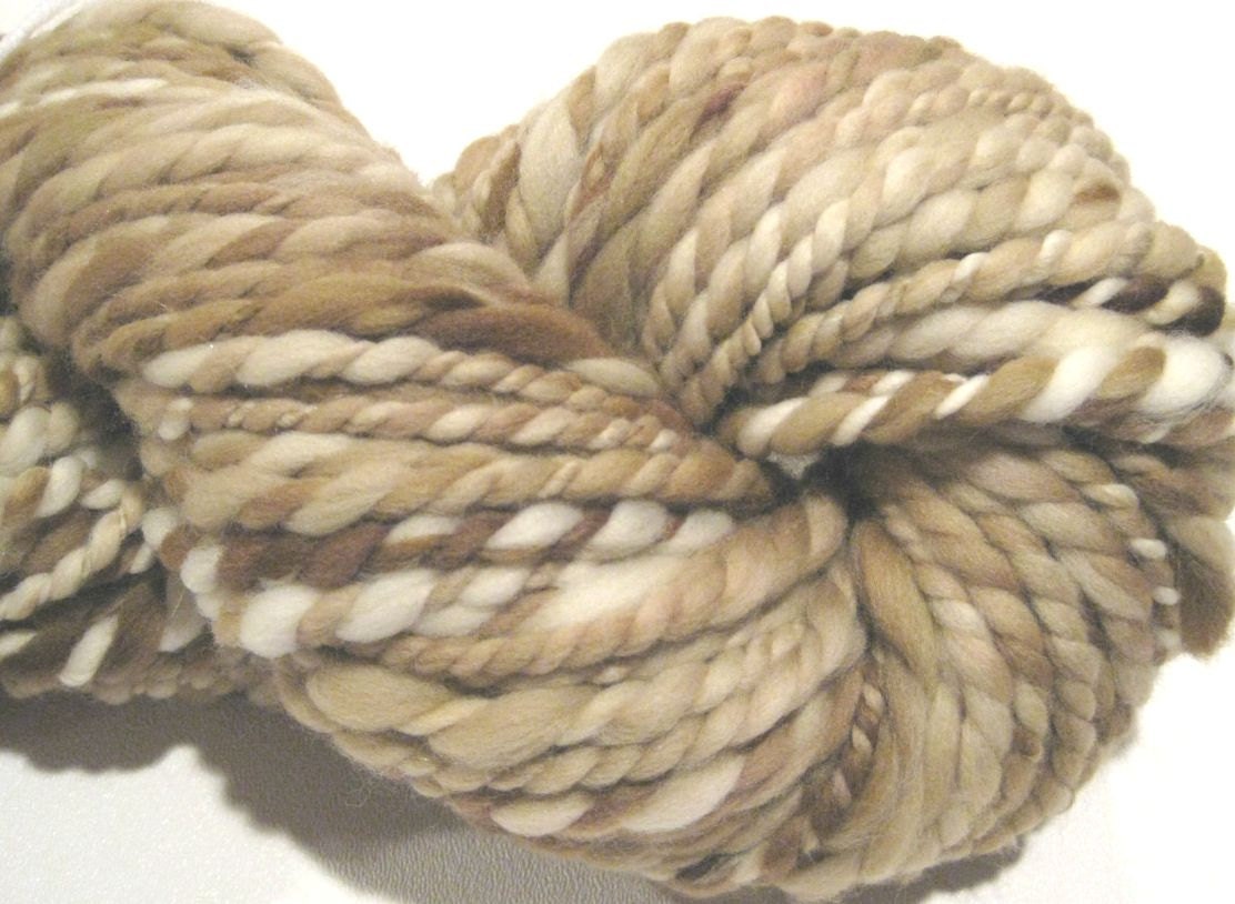 Handspun yarn super bulky Latte 70 yards,  2 ply, hand dyed merino wool top brown tan white yarn Waldorf doll hair