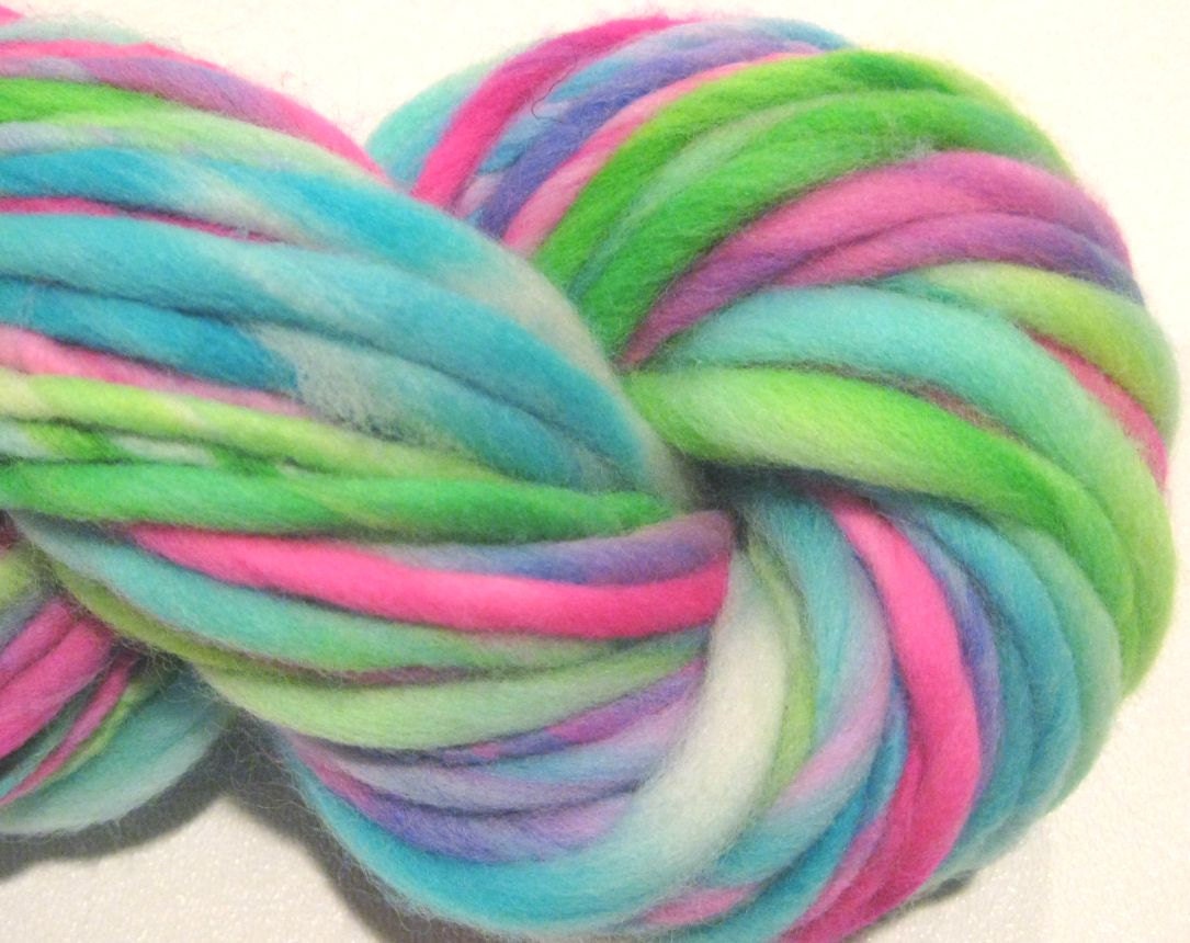 Thick N Thin Handspun Yarn Hodgepodge 66 yds pink turquoise purple green hand dyed merino wool waldorf doll hair knitting supplies