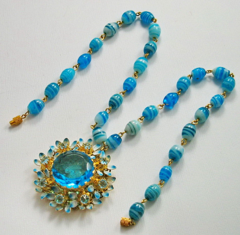 Vintage Rhinestone, Enamel Pendant Necklace, Aqua Lampwork Beads, Repurposed