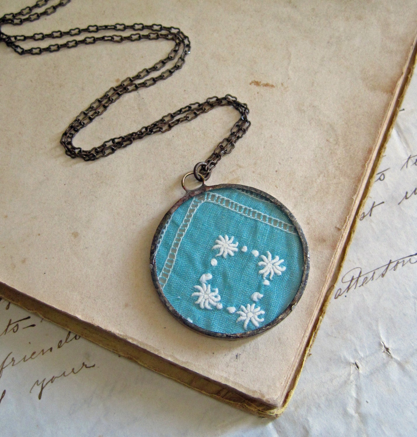 Blue Green Vintage Hanky Glass Necklace