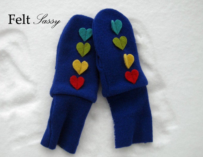 Women's Felted Mittens - Rainbow Hearts - Fully Lined - Recycled Wool Sweater - by FeltSassy