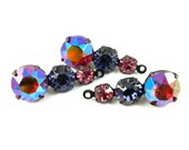 2 - Vintage Glass Round Stone in 1 Ring Three-Stone Black Antique Brass Prong Settings - Rose Pink, Tanzanite and AB Ruby - 23mm