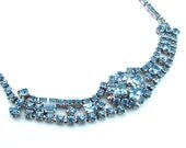 Sky Blue Vintage Rhinestone Necklace Glamour Bridal Jewelry, FREE US SHIPPING