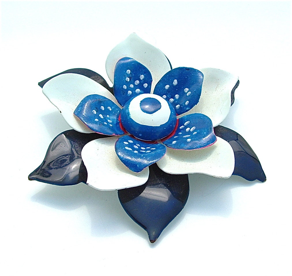 Large Vintage Flower Brooch Navy Cobalt Blue White Polka Dot Enamel Jewelry, FREE US SHIPPING