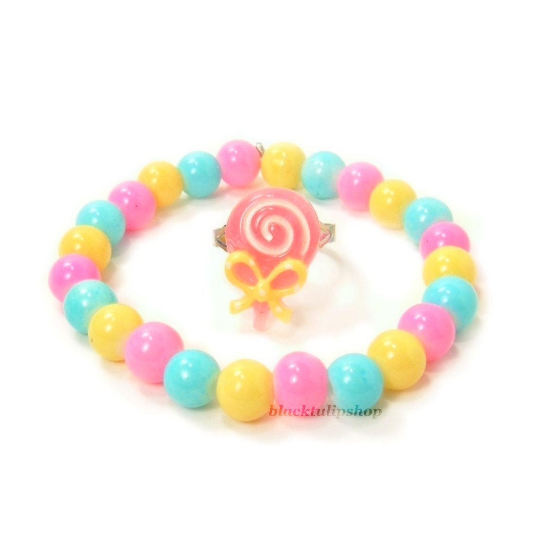 SWEET DEAL Lolita Fairy Kei Candy Lollipop Ring Stretch Bracelet Pastel Colored Beads Pink Yellow