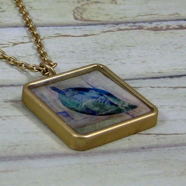 Pendant Necklace Green Leaf Collage Gold Finish