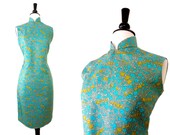 50s Dress // SILK CHEONGSAM // 1950s Blue Floral Sheath Dress