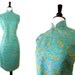 Vintage 1950s Silk Cheongsam Dress . Blue Floral Cocktail Gown . Size S-M