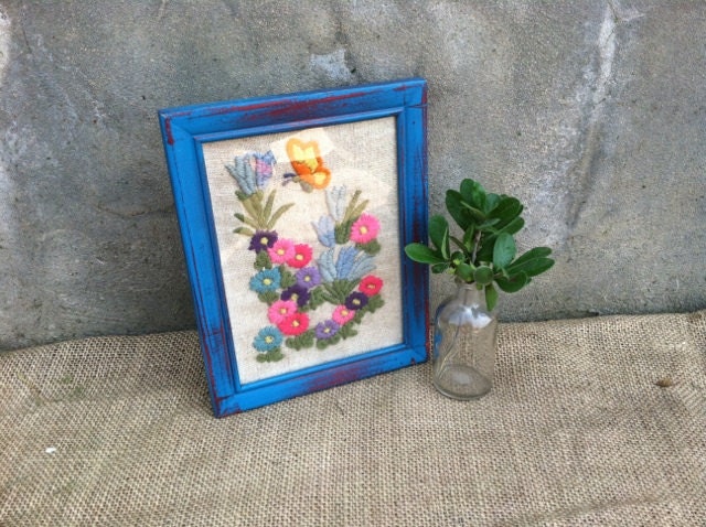Butterfly n Florals - Vintage Embroidery - Crewel Art - Upcycled Picture Frame - Funky Farmhouse BOHO Chic - CHIC