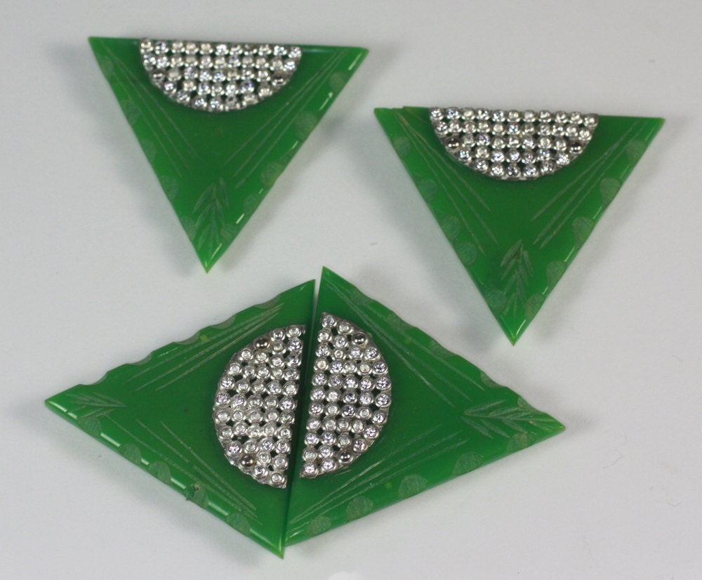 Art Deco Green Bakelite Dress Clips and Buckle Clear Crystals