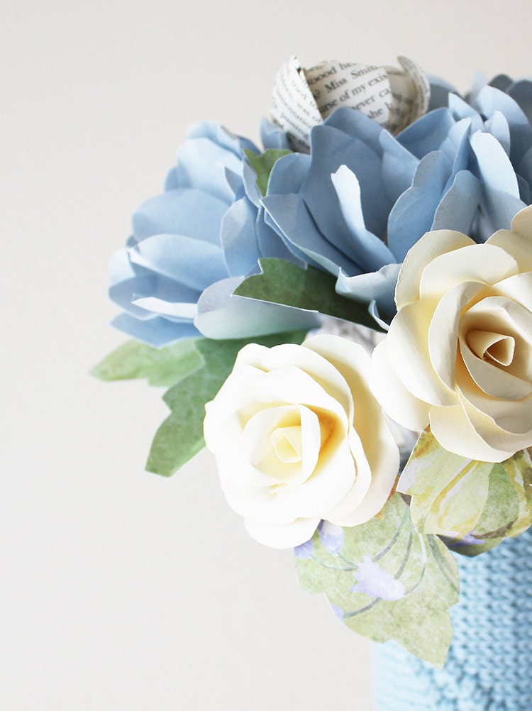 Eggshell BLUE Paper Flowers, BOOK Roses - Wedding BOUQUET