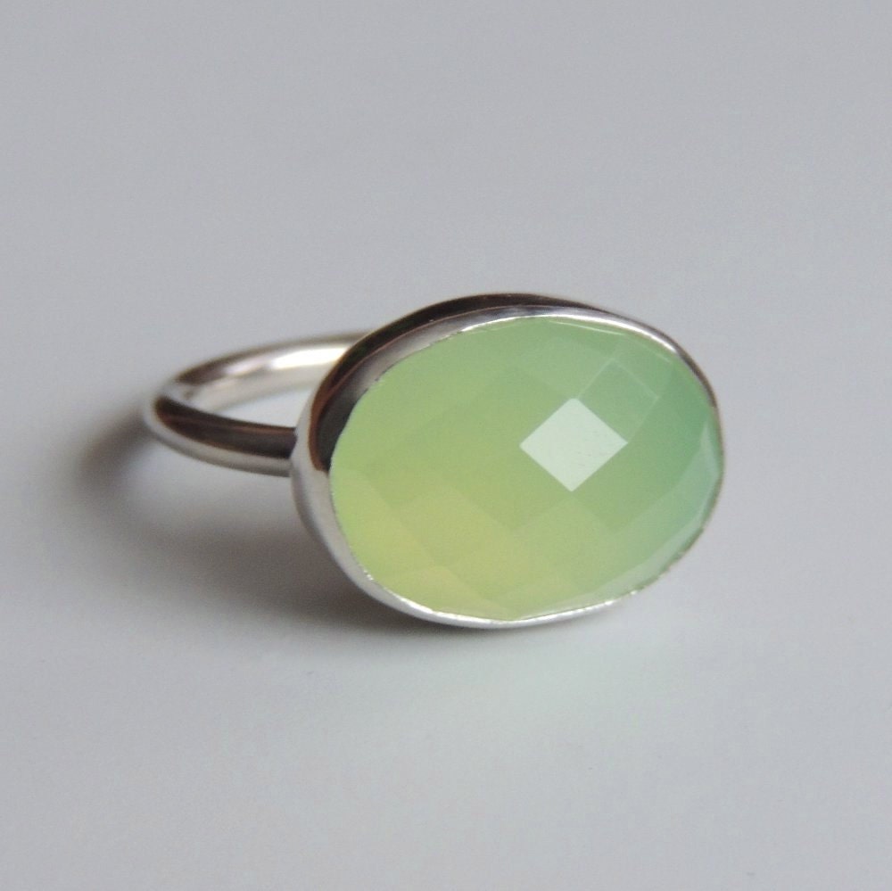 Chalcedony Ring Sterling Silver Faceted Yellow Green Stone Ring