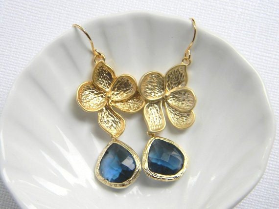 Gold Magnolia Flower Earrings - Sapphire Blue Briolette Earrings - Bridesmaid Earrings Jewelry - Bridal Earrings - Wedding Jewelry