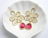 Gold Swirl Earrings - Fuchsia Pink Earrings - Boho Chic Bohemian Earrings - Bridesmaid Earrings - Gift for Her