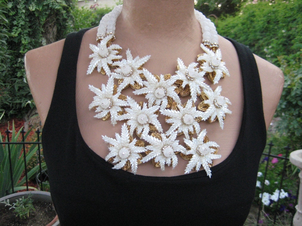 In The Garden - Large Fantasy Flower Bib Statement Necklace and Earring Set, Runway Look