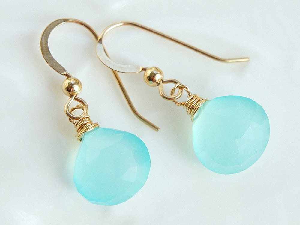 Aqua Blue Chalcedony Drop Earrings Peruvian Blue Heart Drops Dangle Earrings Gold Filled Simple Jewelry