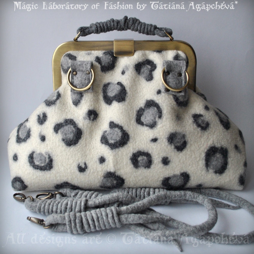 CLEARANCE Doctor Bag, Gladstone, Satchel, LEOPARD, Ivory, Grey, Charcoal The Snow Leopard 2013 Animal Collection by TianaCHE Bronze Hardware