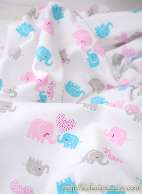 Zoology Collection, Lovely Pink and Blue Elephants In Love, Soft Color- Knit Cotton Fabric (1/2 Yard, 17.7x59 Inches)