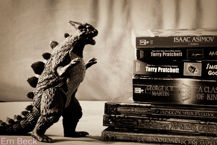 Nerdy - Still Life with Nerds - Photography Series - Dinosaurs - Books - Sepia Tone Photo - Wall Art