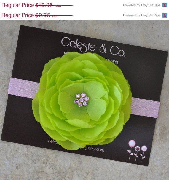 MEMORIAL DAY SALE Baby Headband - Infant Headband - Toddler Headband - Spring Green Flower with Pink Headband - Photo Prop