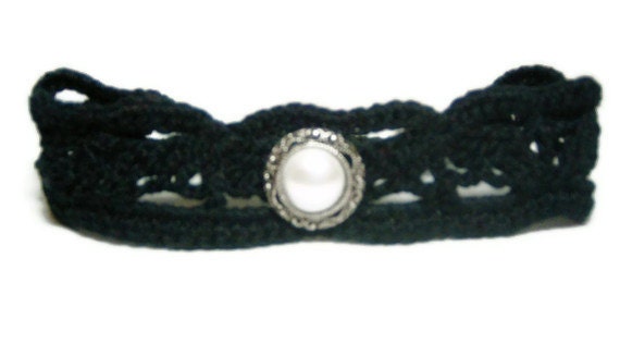 Black Lacy Crochet Choker with Antiqued Silver Focal Button - SewcialGraces
