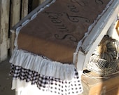 Burlap Table Runner - "Sweet Tea and Jesus" - Farmhouse -Triple White with Black Gingham Check Ruffles -  By:Sweet Magnolias Farm