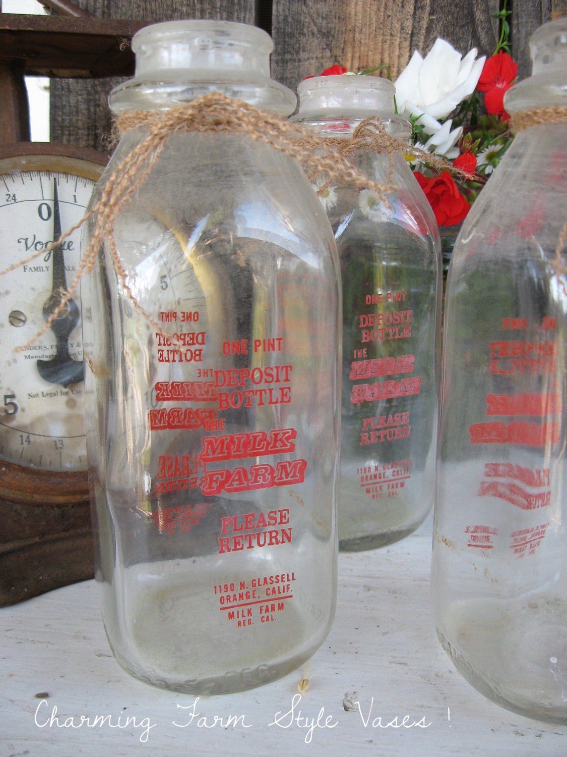 Vintage Pint Milk Bottle - The Milk Farm Orange CA - Red Pyro - Drinking Glasses Dairy Farmhouse Country Cottage Chic Style