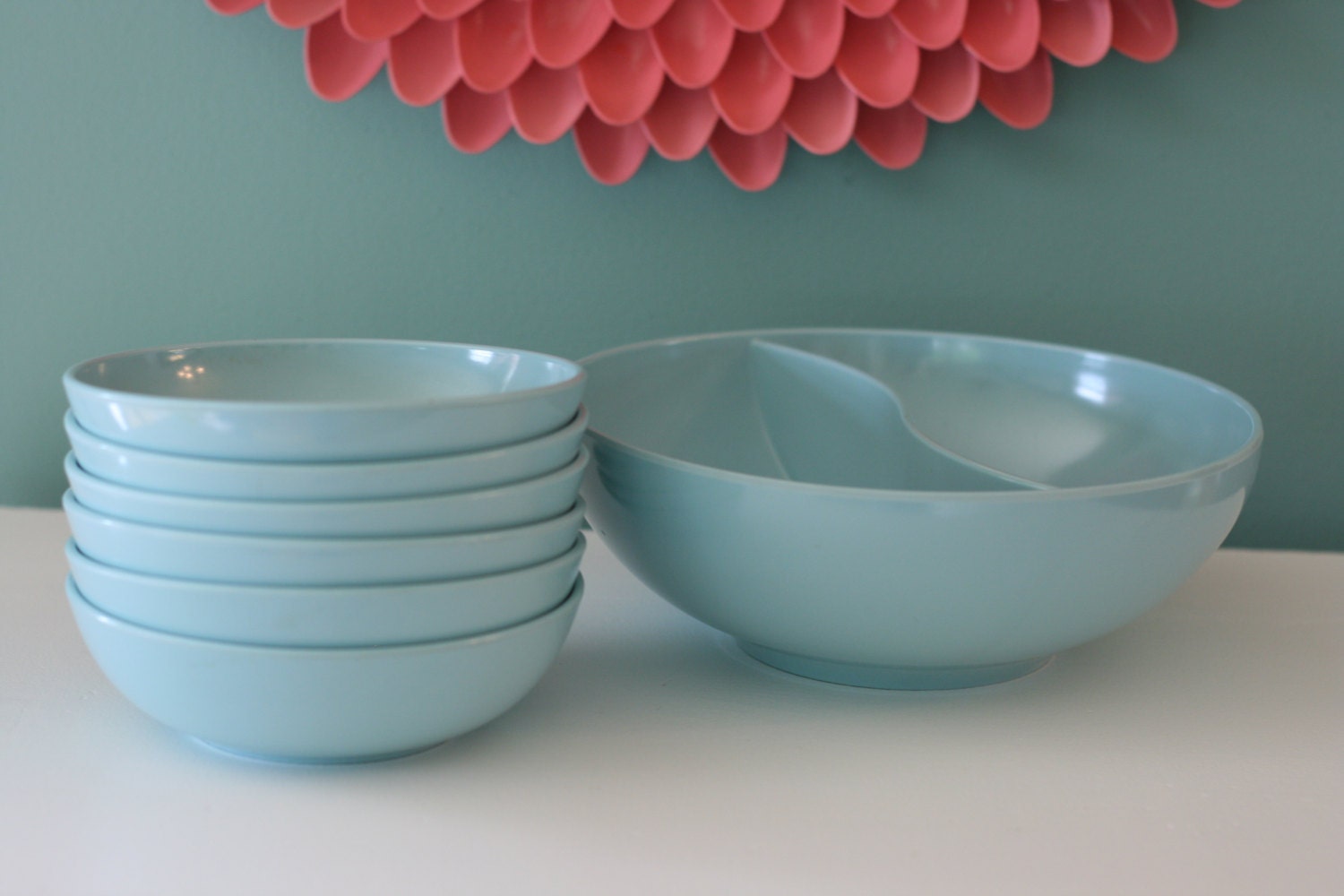 Vintage Blue Stetson Melmac Dinnerware Bowls and Split Serving Bowl
