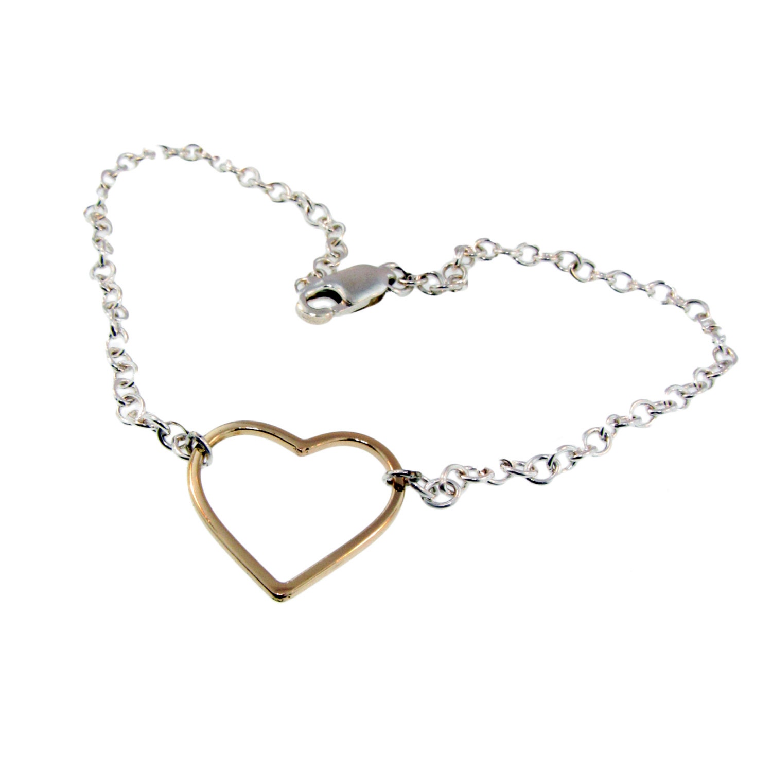 14K Solid Yellow Gold Open Heart Charm Bracelet - Ready to Ship