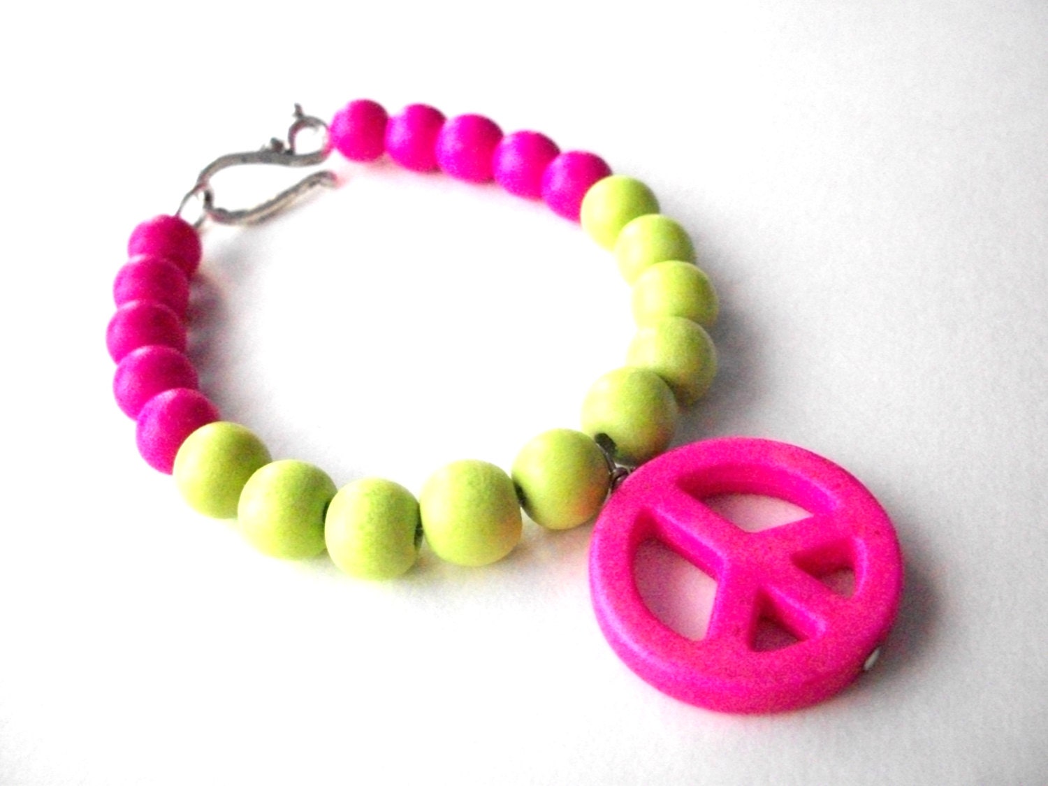 Peace sign bracelet, neon lime green and hot pink and magnesite peace sign bracelet with wooden beads and silver hook clasp, hippie jewelry