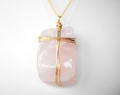 Rose quartz cross necklace, gold wire wrapped gemstone Christian pendant, divine love religious jewelry